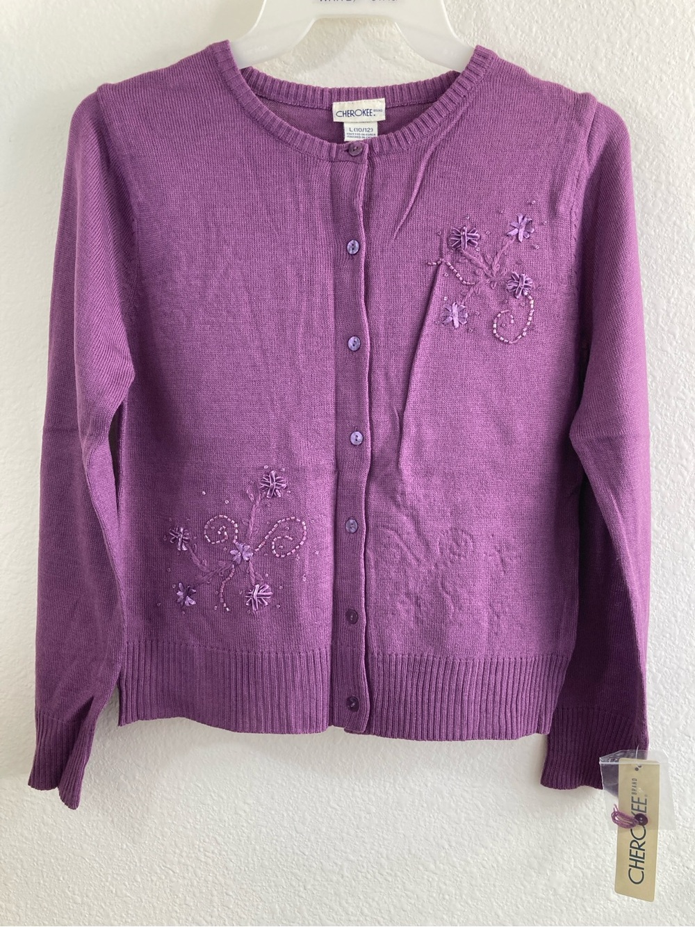 Cherokee Girls Purple Embellished Button-Front Cardigan Sweater Size L 10/12 NWT